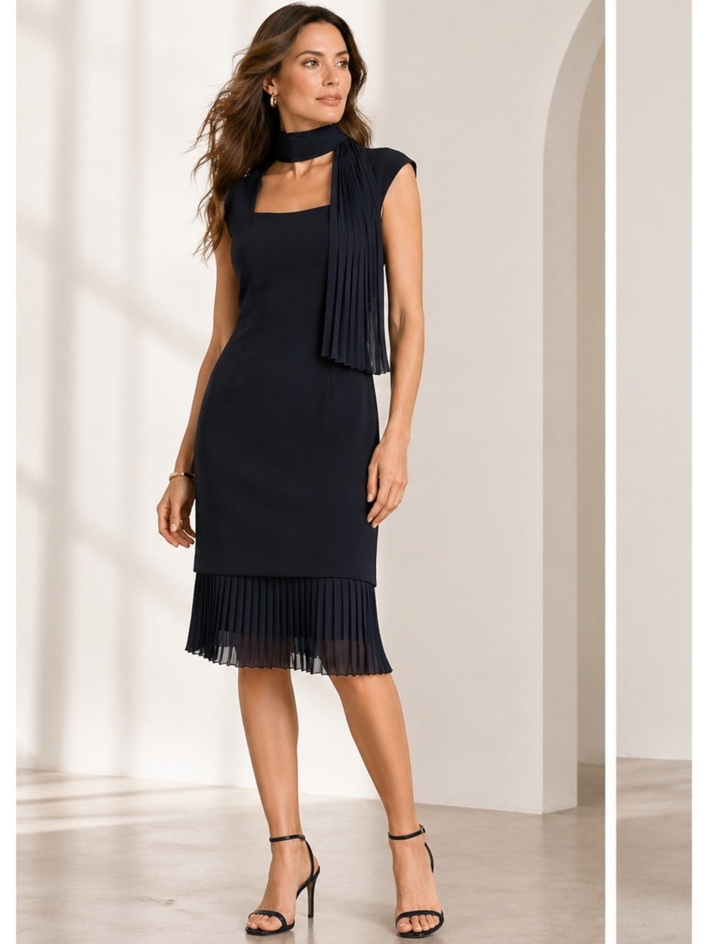 Dusk UK navy sheath pleated hem w matching scarf square neck cocktail 8